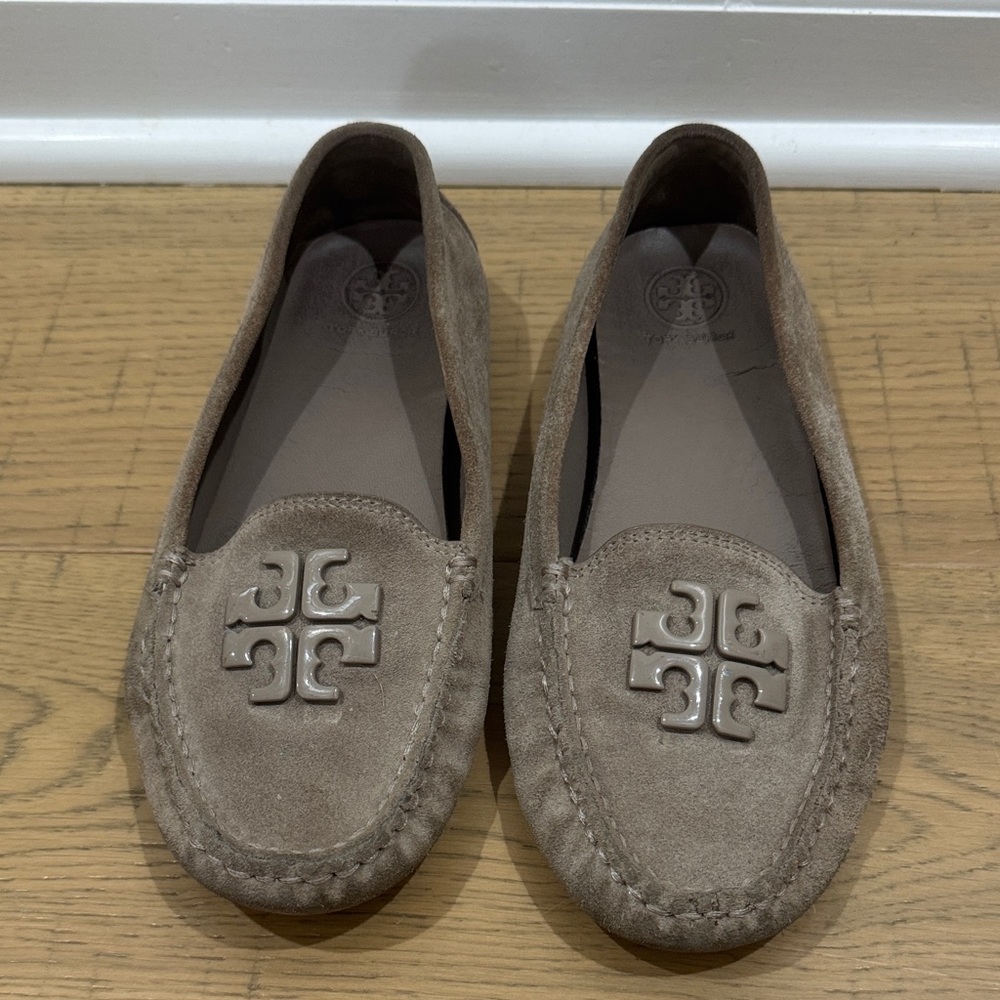 Tory Burch Taupe Suede Logo Driving Loafers